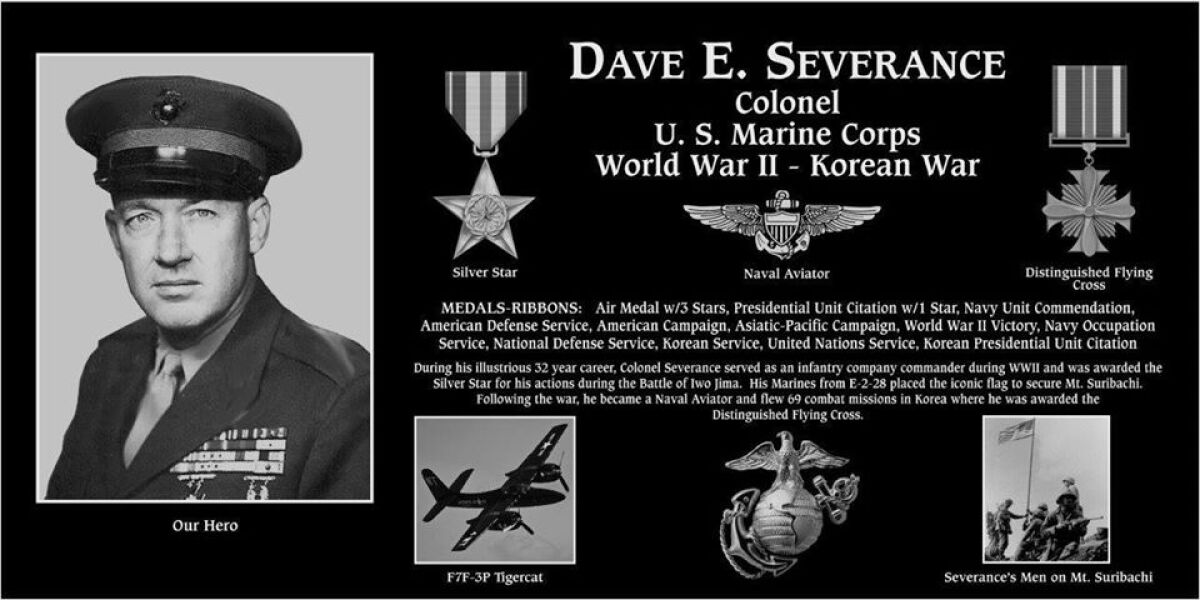 Retired Marine Col. Dave Severance of La Jolla was honored with a plaque at the Mount Soledad National Veterans Memorial.
