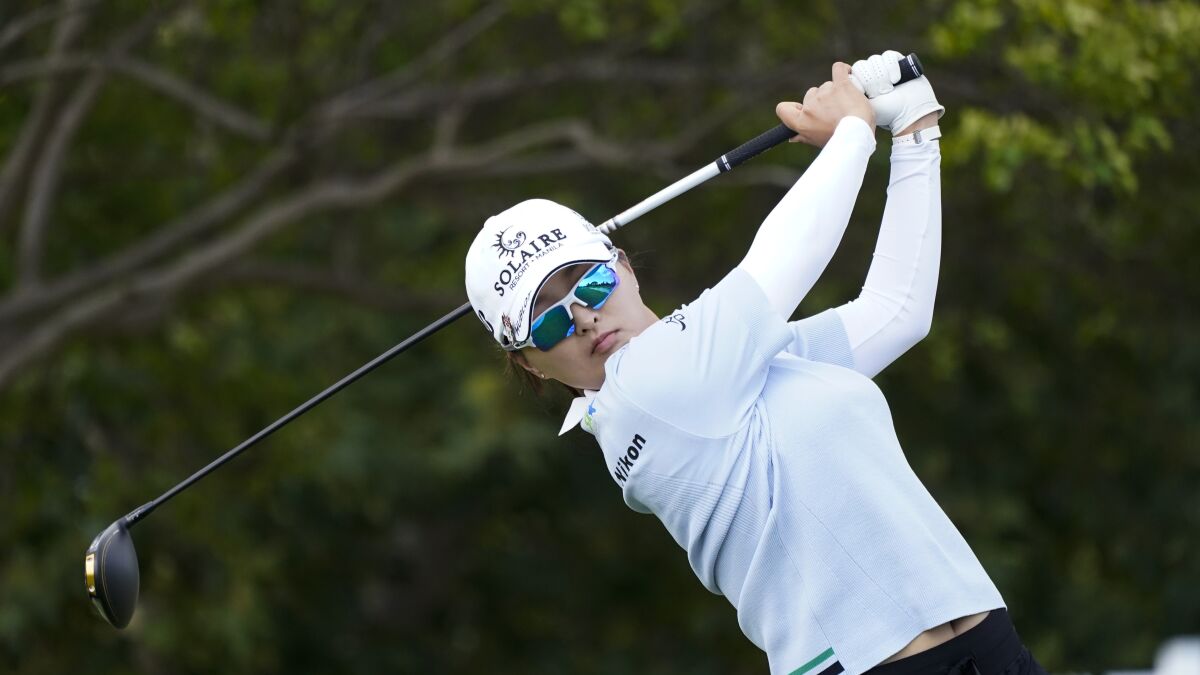 Jin Young Ko tees off on No. 5 in the LA Open at Wilshire Country Club on April 22, 2022.