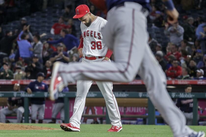 ANAHEIM, CA, TUESDAY, MAY 21, 2019 - Angels relief pitcher Justin Anderson hangs his head after allowing a sixth inning two-run homer to Twins designated hitter Marwin Gonzalez at Angel Stadium. (Robert Gauthier/Los Angeles Times)