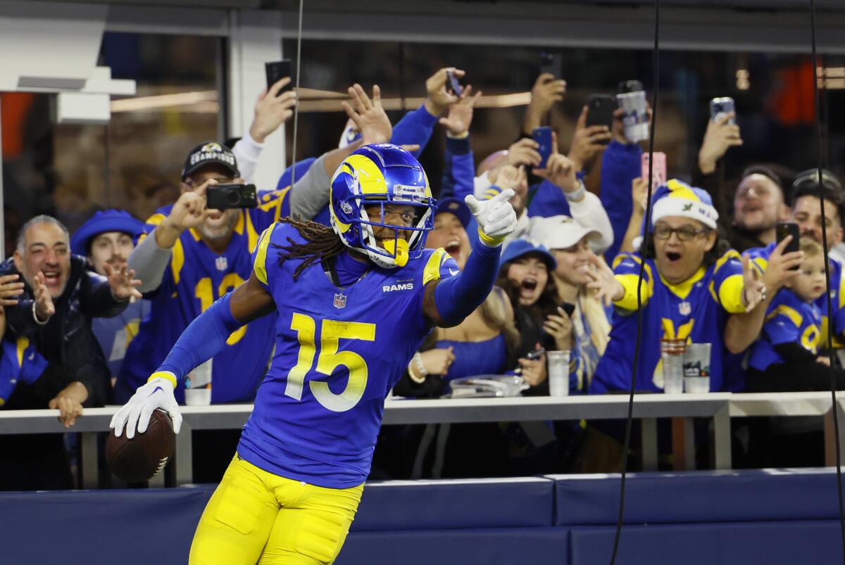 Rams receiver Demarcus Robinson celebrates after making a touchdown catch against the New Orleans Saints on Dec. 21.
