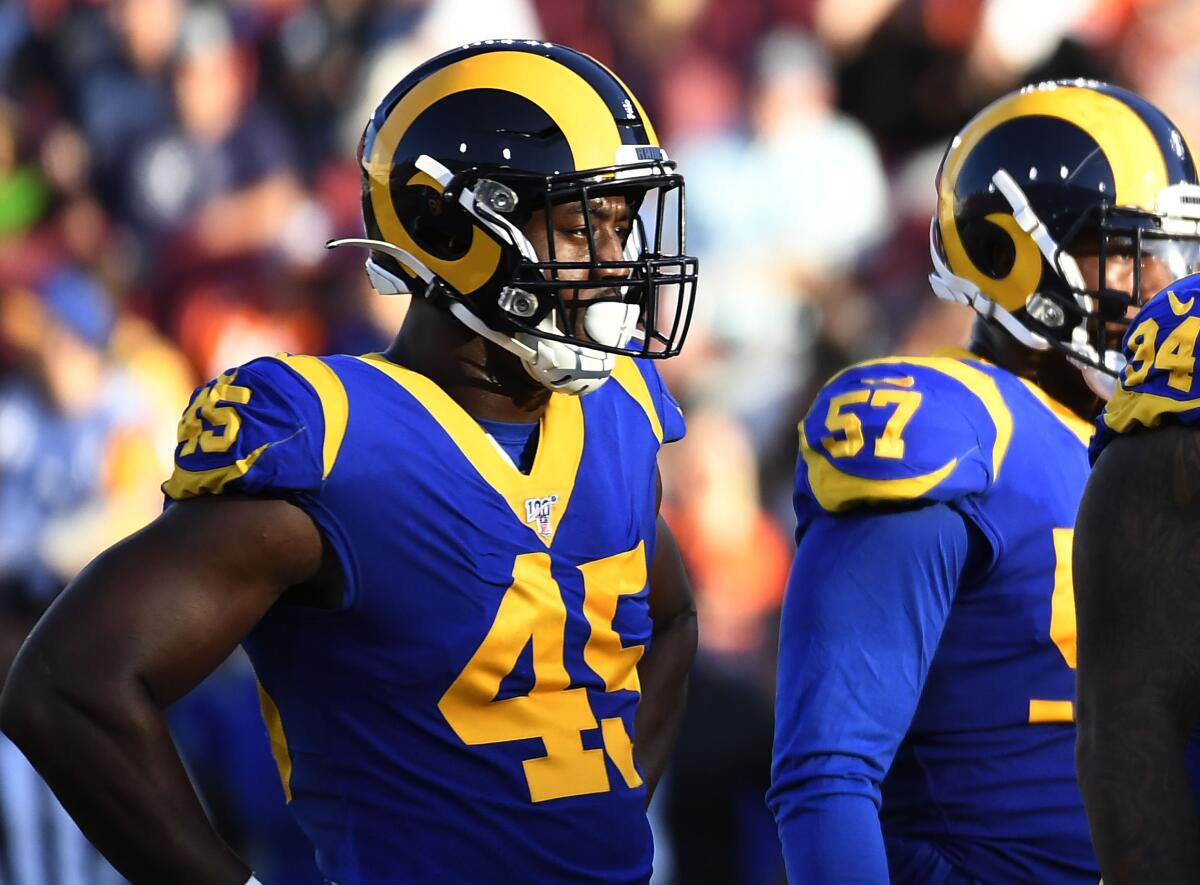 Rams linebacker Obo Okoronkwo (45) played a big role in the team's victory over the Cincinnati Bengals in London on Sunday.