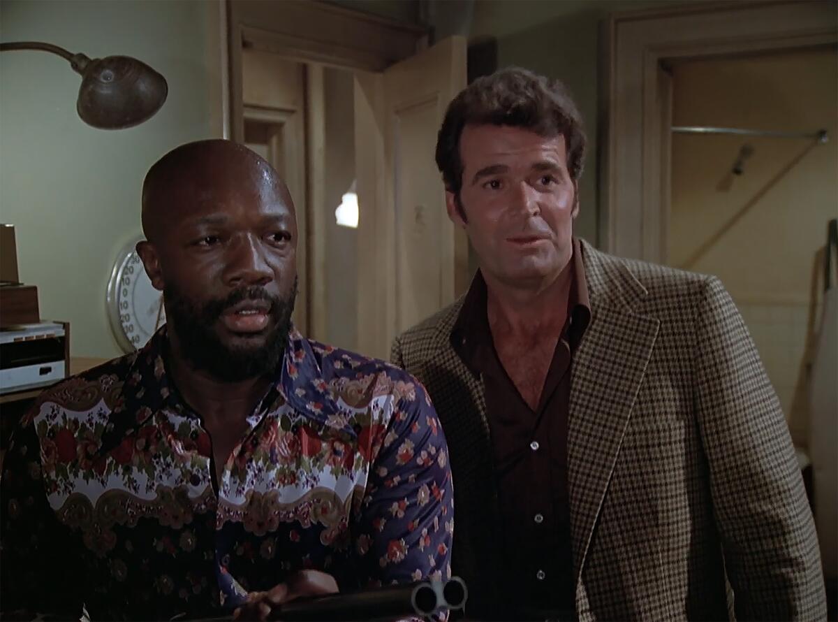 Isaac Hayes, left, and James Garner in an episode of "The Rockford Files."