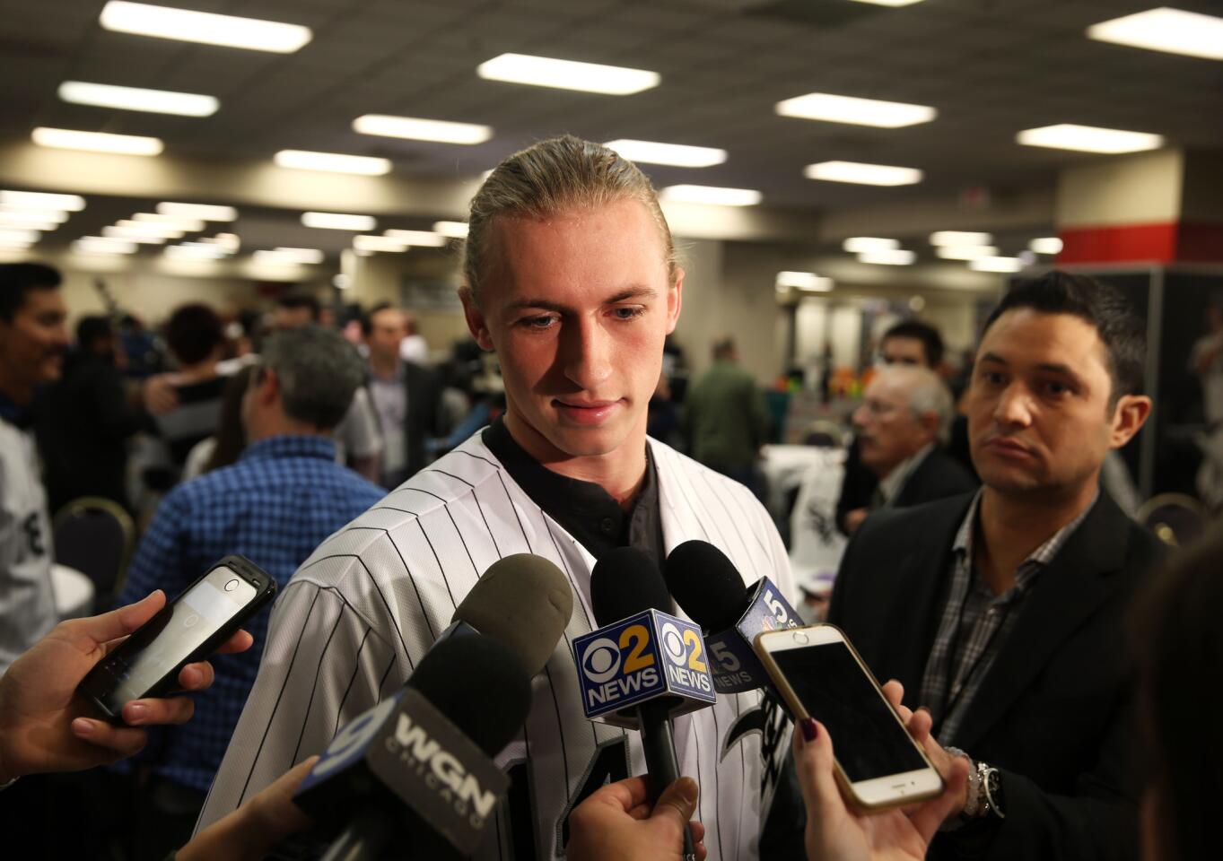 Michael Kopech talks to the media at SoxFest at the Hilton in Chicago on Jan. 27, 2017.