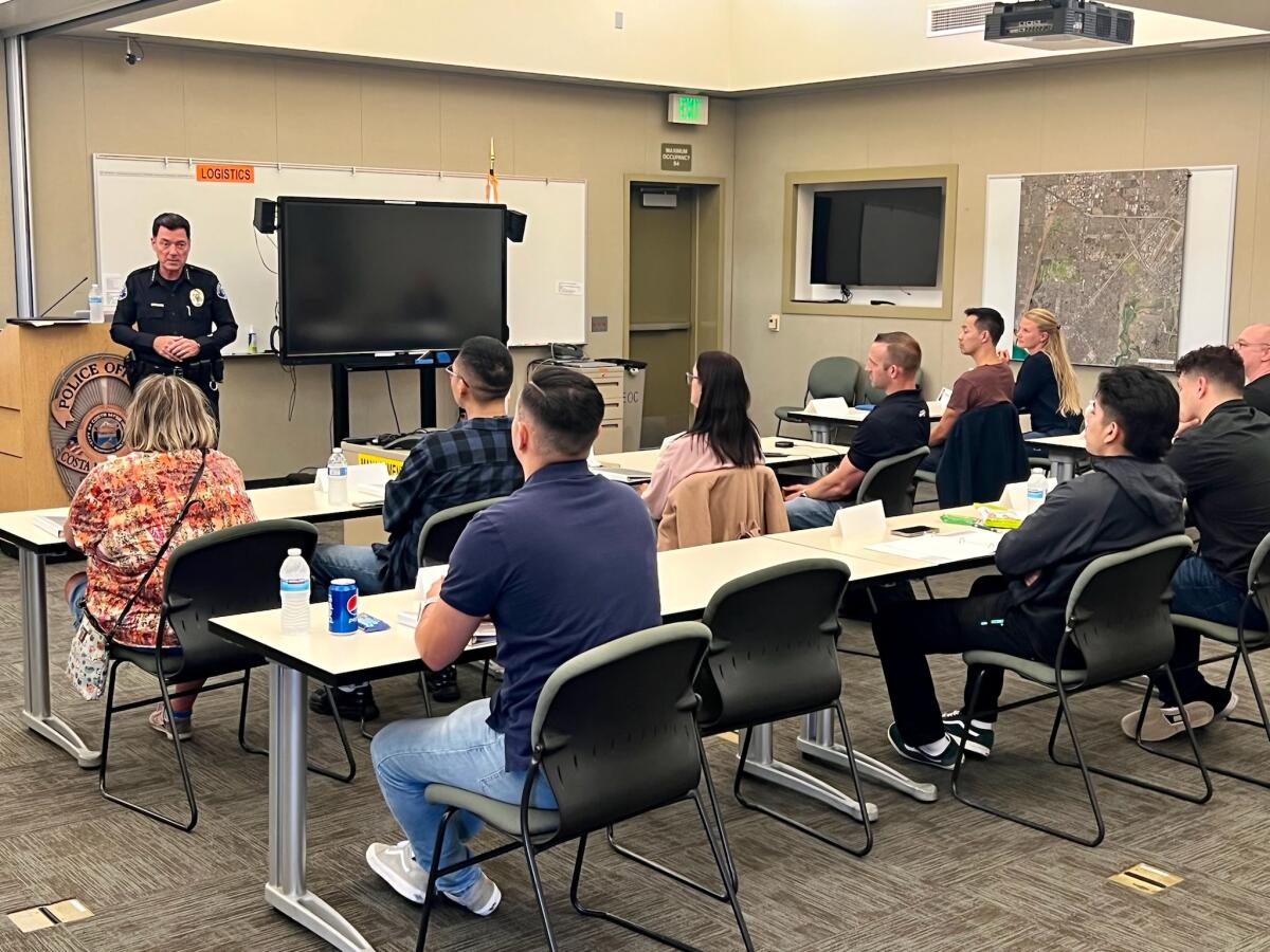 Police Chief Ron Lawrence addresses participants of the 2022 Costa Mesa Citizen's Police Academy Thursday, Sept. 22.