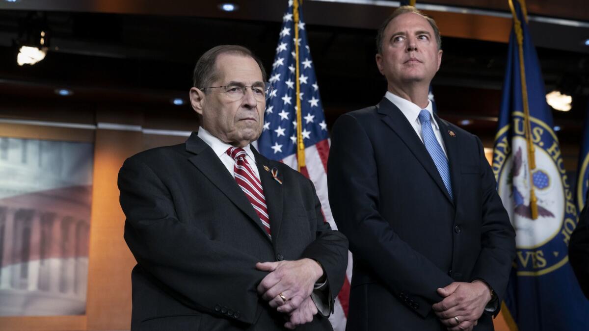 House Judiciary Committee Chairman Jerrold Nadler (D-N.Y.), left, and House Intelligence Committee Chairman Adam Schiff (D-Burbank), appear during a Capitol Hill press conference on June 11.