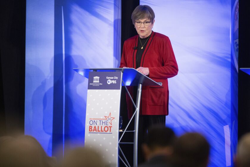 Kansas Democratic Gov. Laura Kelly looks toward audience members while answering a question during a debate against Kansas Attorney General and Republican gubernatorial candidate Derek Schmidt at the Doubletree in Overland Park, Kan., Wednesday, Oct. 5, 2022. (Evert Nelson/The Topeka Capital-Journal via AP)
