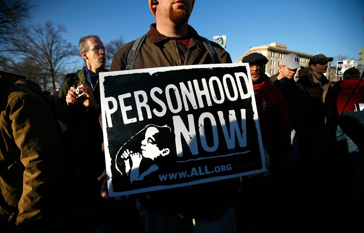 A protester holds a "personhood now" sign at a demonstration.