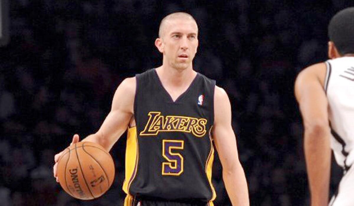 Steve Blake ended Sunday's game against the Portland Trail Blazers with an ice pack on his right elbow. If he is unable to play Tuesday, the Lakers could be forced to start Xavier Henry or Jodie Meeks at the point guard position.