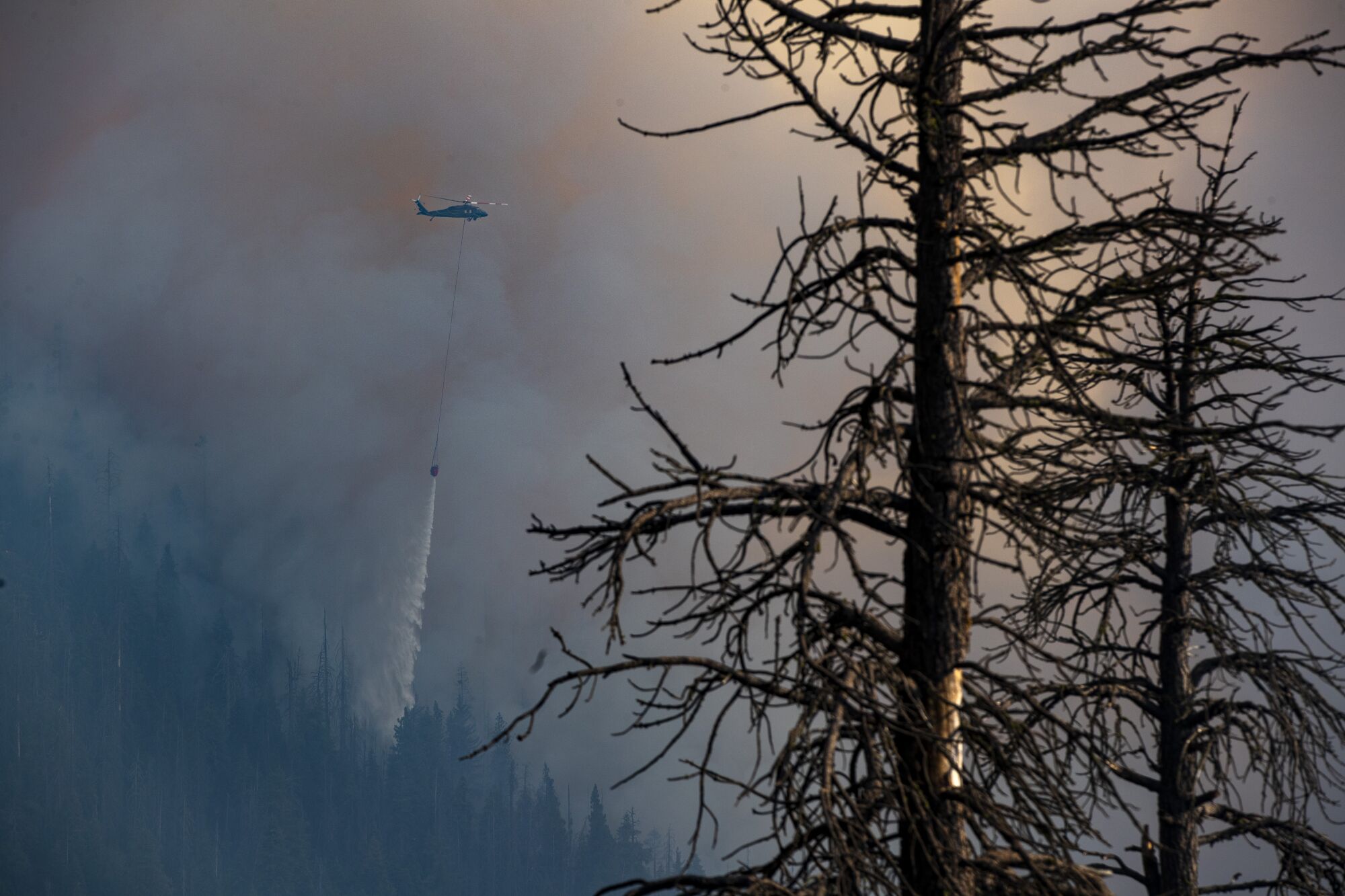 A helicopter drops water on a hillside amid thick smoke