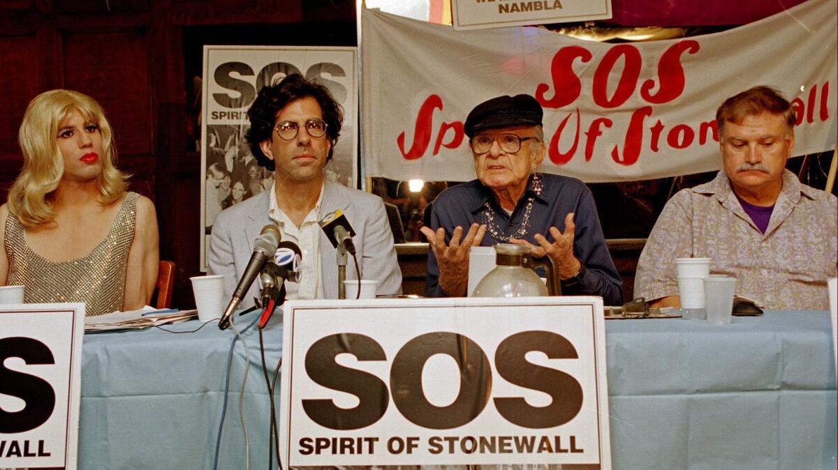 From left: drag queen activist Glenn Belverio, gay activist Bill Dobbs, Mattachine Society founder Harry Hay and Charley Shivley in 1994.
