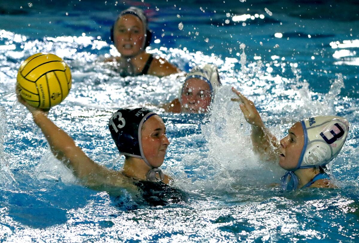 Newport Harbor High School's Lily Gess takes a shot on goal in a home game vs. Corona Del Mar on March 4.