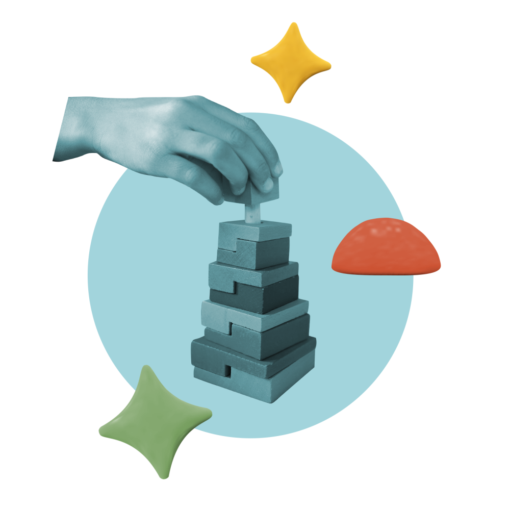 collage featuring a person building a tower with children's blocks