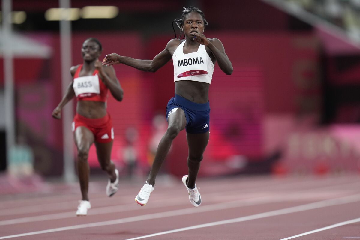 Christine Mboma, of Namibia, competes in a semifinal of the women's 200-meters at the 2020 Summer Olympics, Monday, Aug. 2, 2021, in Tokyo. (AP Photo/Petr David Josek)