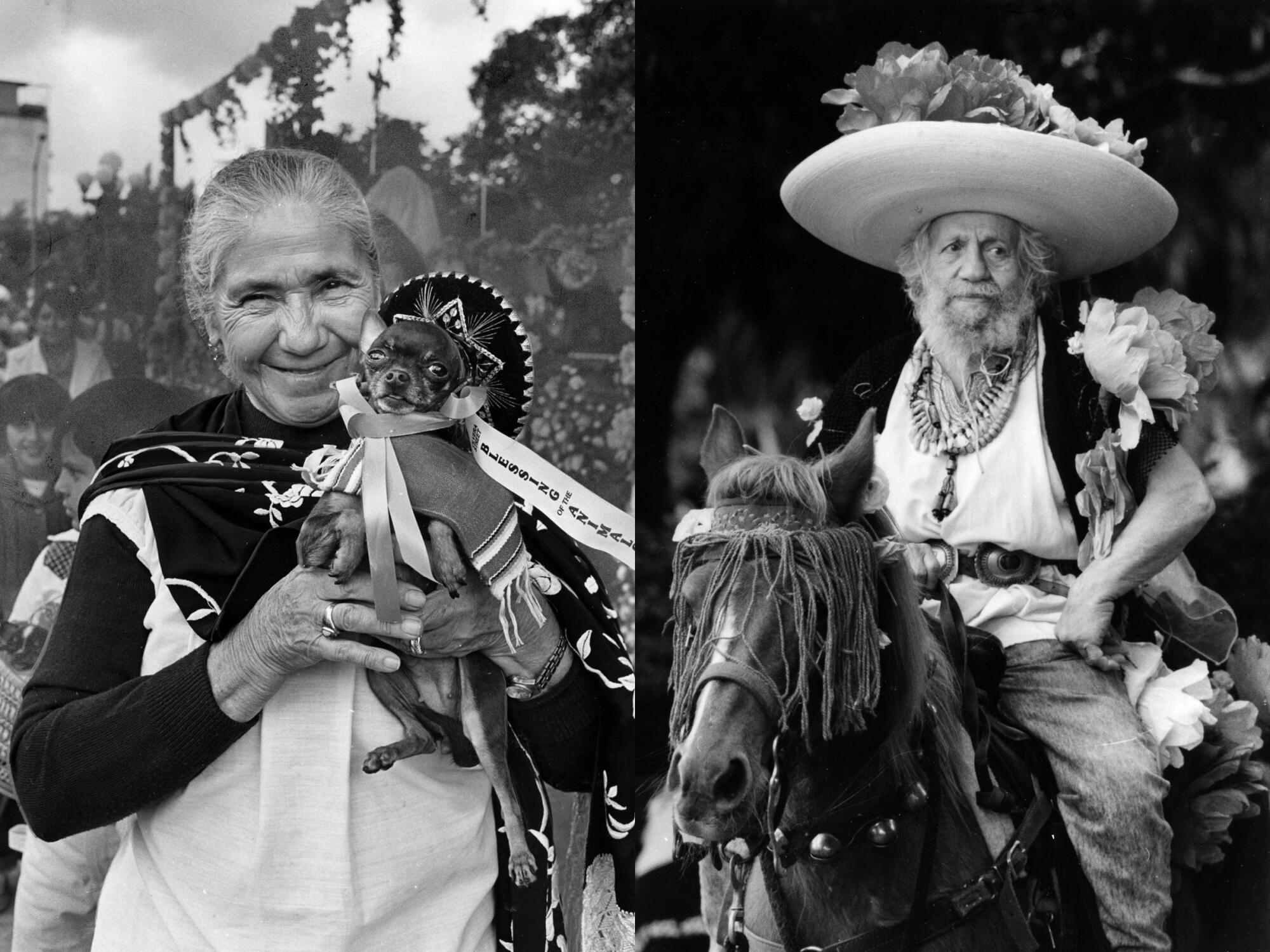 Black-and-white portraits side by side from the 1980s of a woman holding a chihuaua and a man on horseback on Olvera Street.