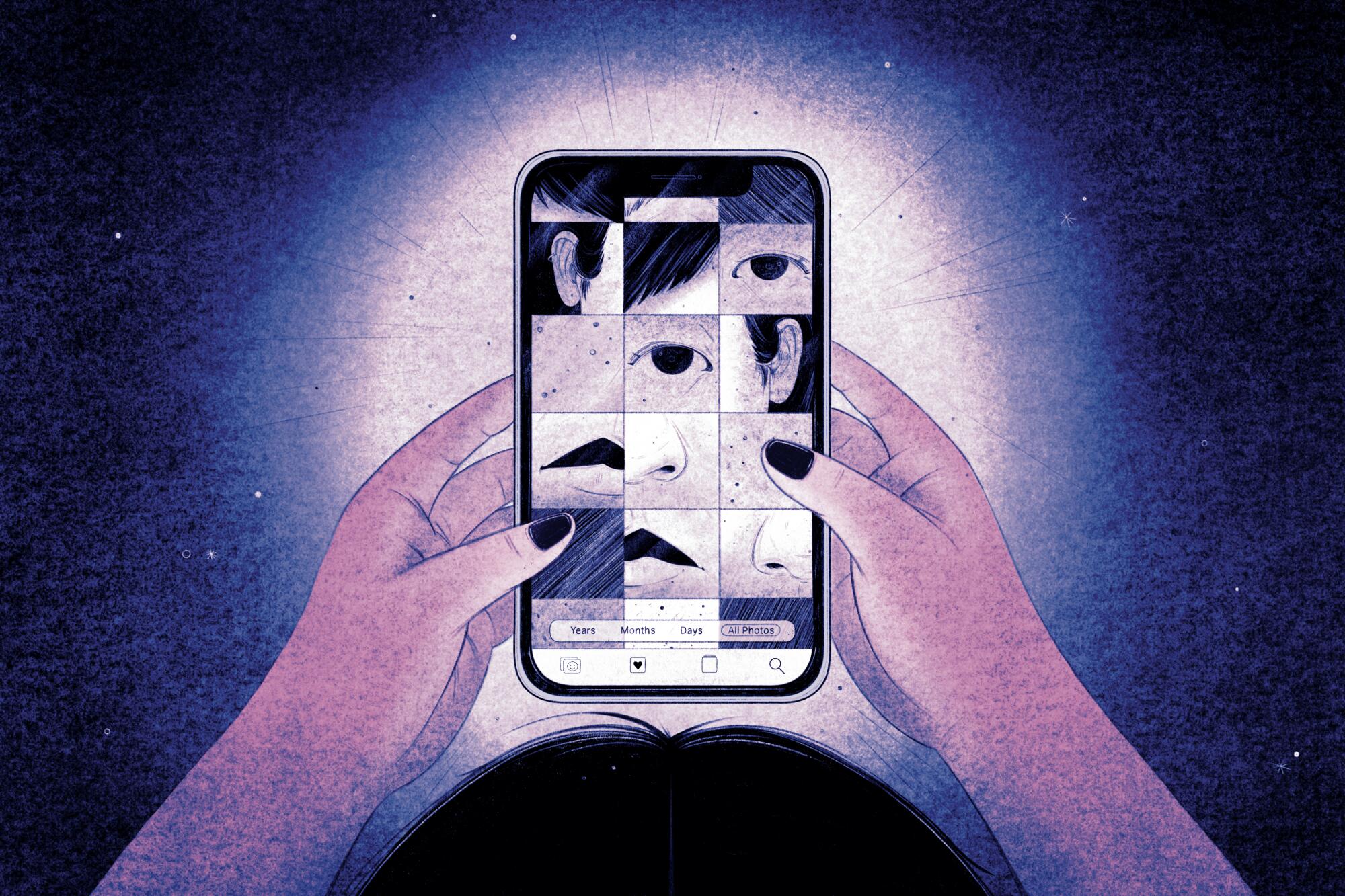 Illustration of a view of person holding a phone, with close-up cropped pics of their face on the screen
