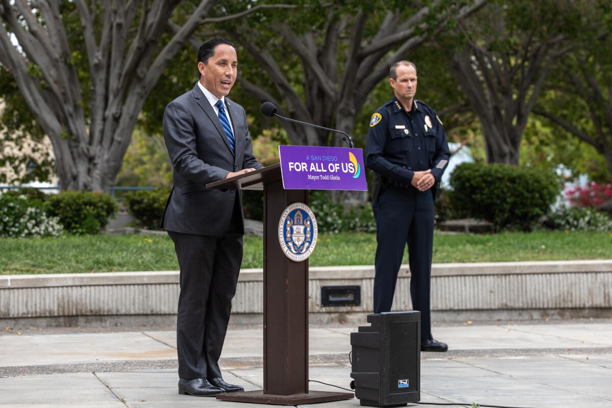 Mayor Todd Gloria speaks to the media on Thursday to discuss a report by the Center for Policing Equity.
