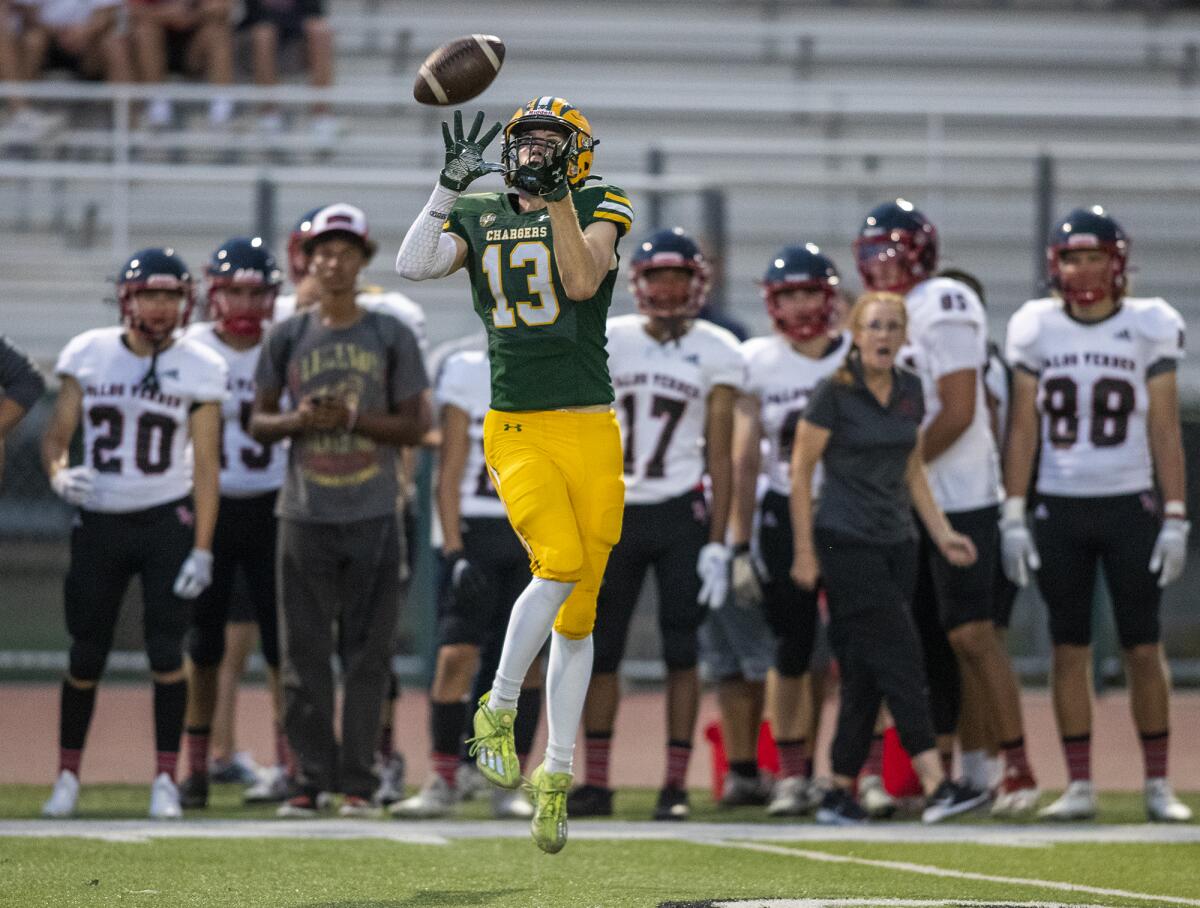 Edison's Ty Bandaruk catches a pass during a game against Palos Verdes at Westminster High on Thursday.