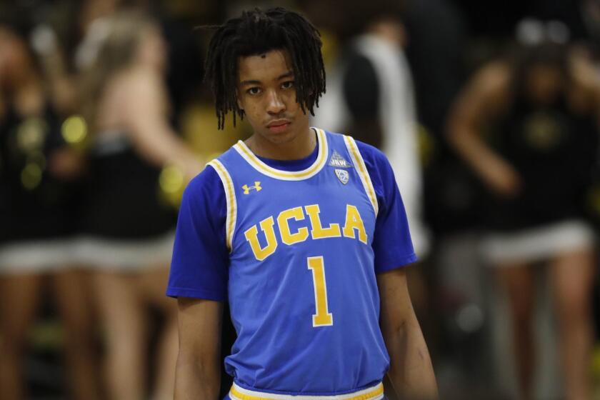 UCLA Bruins center Moses Brown (1) in the first half of an NCAA college basketball game Thursday, March 7, 2019, in Boulder, Colo. (AP Photo/David Zalubowski)