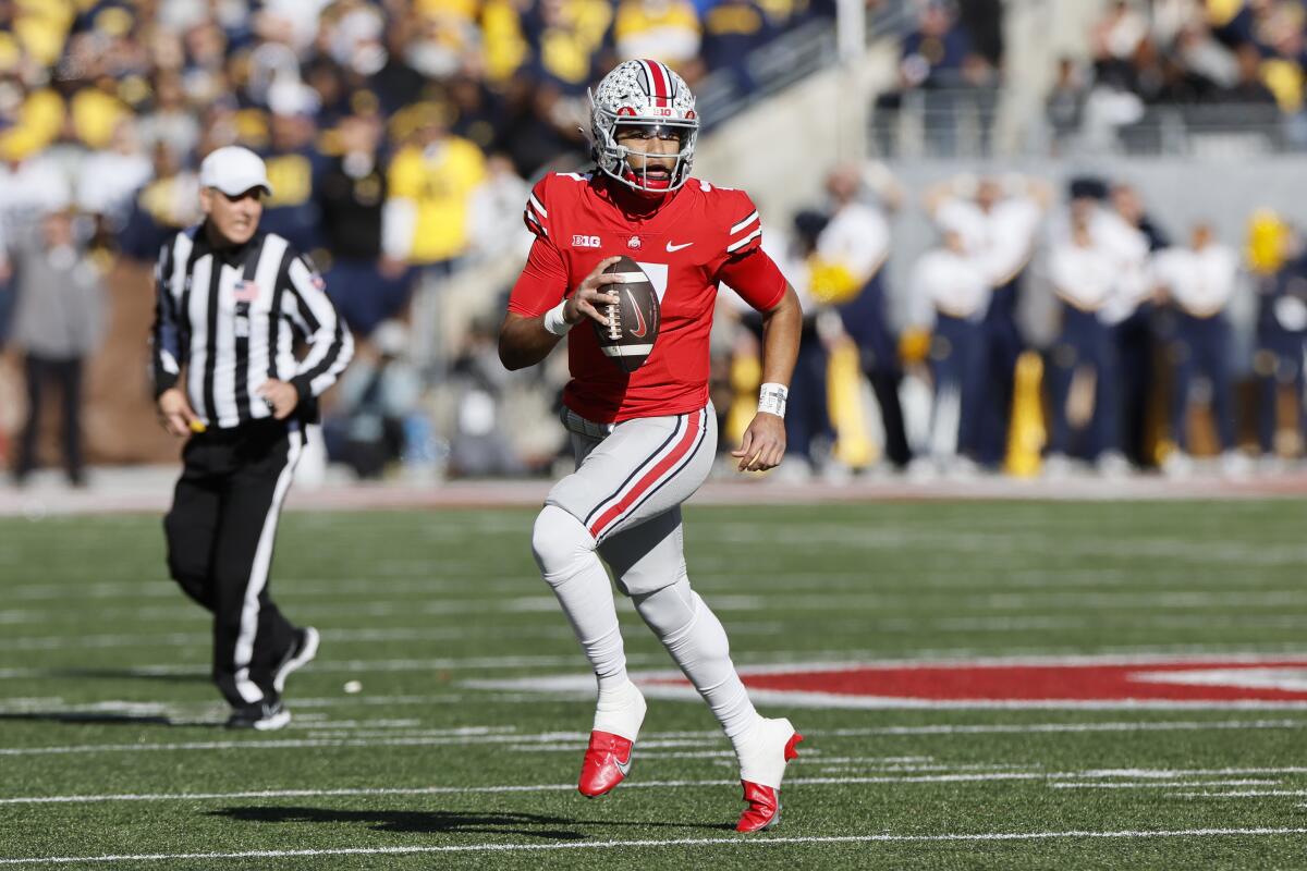 Ohio State quarterback C.J. Stroud plays against Michigan.