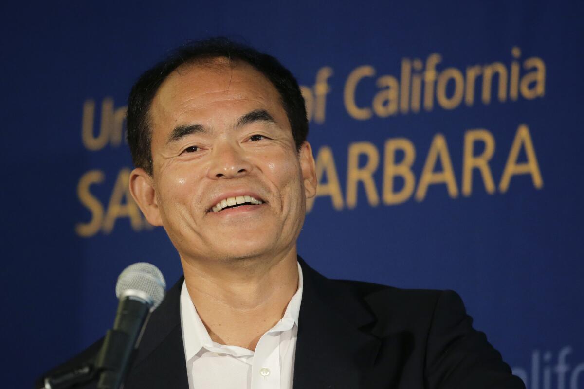 Scientist Shuji Nakamura, a Japanese-born American professor at UC Santa Barbara, smiles during a news conference Tuesday.
