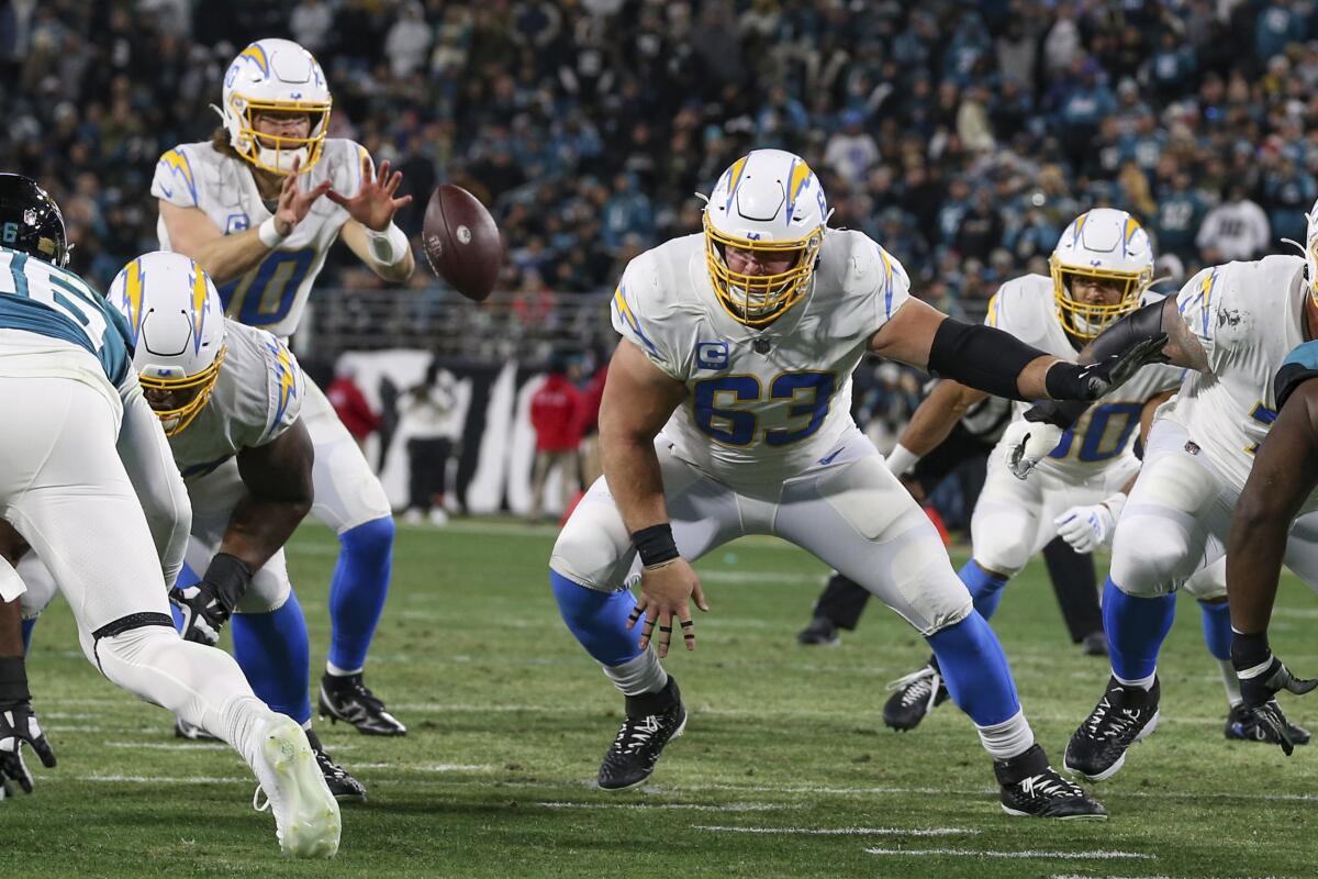 Chargers center Corey Linsley blocks against the Jaguars during the wild-card playoffs in January.