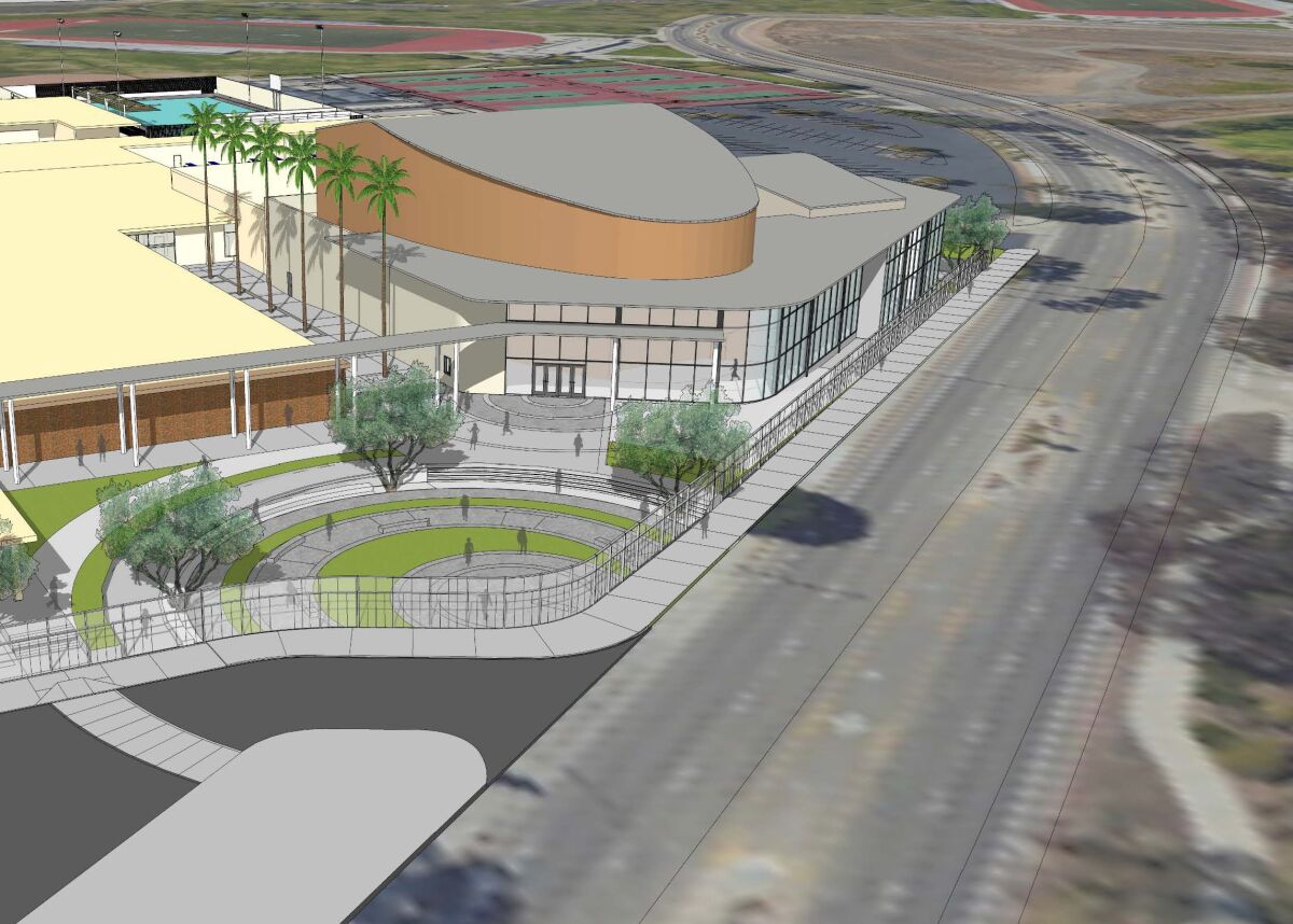 Digital rendering of a performing arts complex on a high school campus next to a street