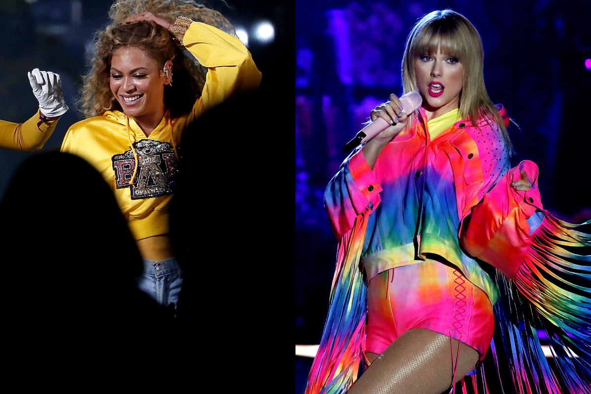 Diptych of Beyoncé, left, in a bright yellow sweatshirt, and Taylor Swift in a rainbow costume
