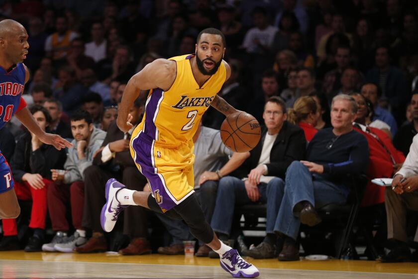 Wayne Ellington dribbles against the Detroit Pistons during a game March 10, 2015, in Los Angeles. The Lakers won 93-85.