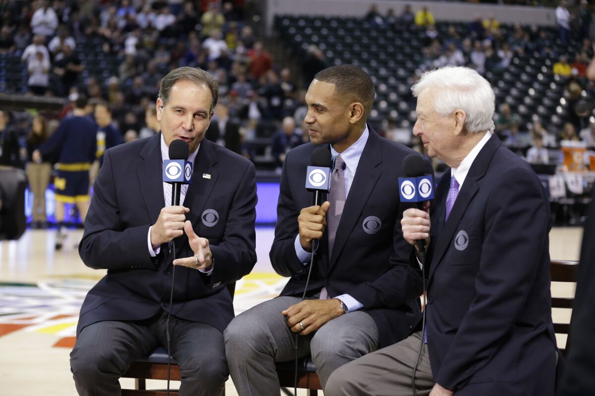 Broadcasters (from left) Jim Nantz, Grant Hill and Bill Raftery are CBS's current NCAA basketball tournament contingent.