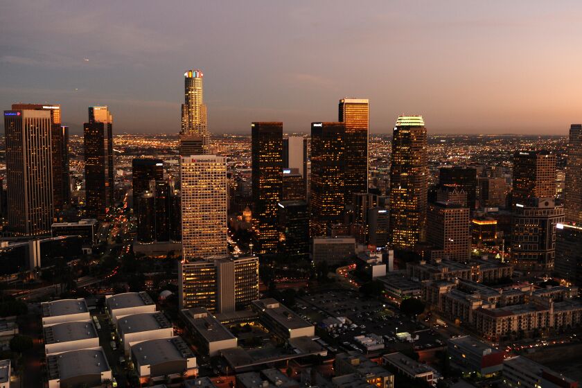 GRIFFITH PARK, CA NOVEMBER 4, 2014 -- Aerial view of the downtown Los Angeles skyline taken on November 4, 2014. (Wally Skalij / Los Angeles Times)