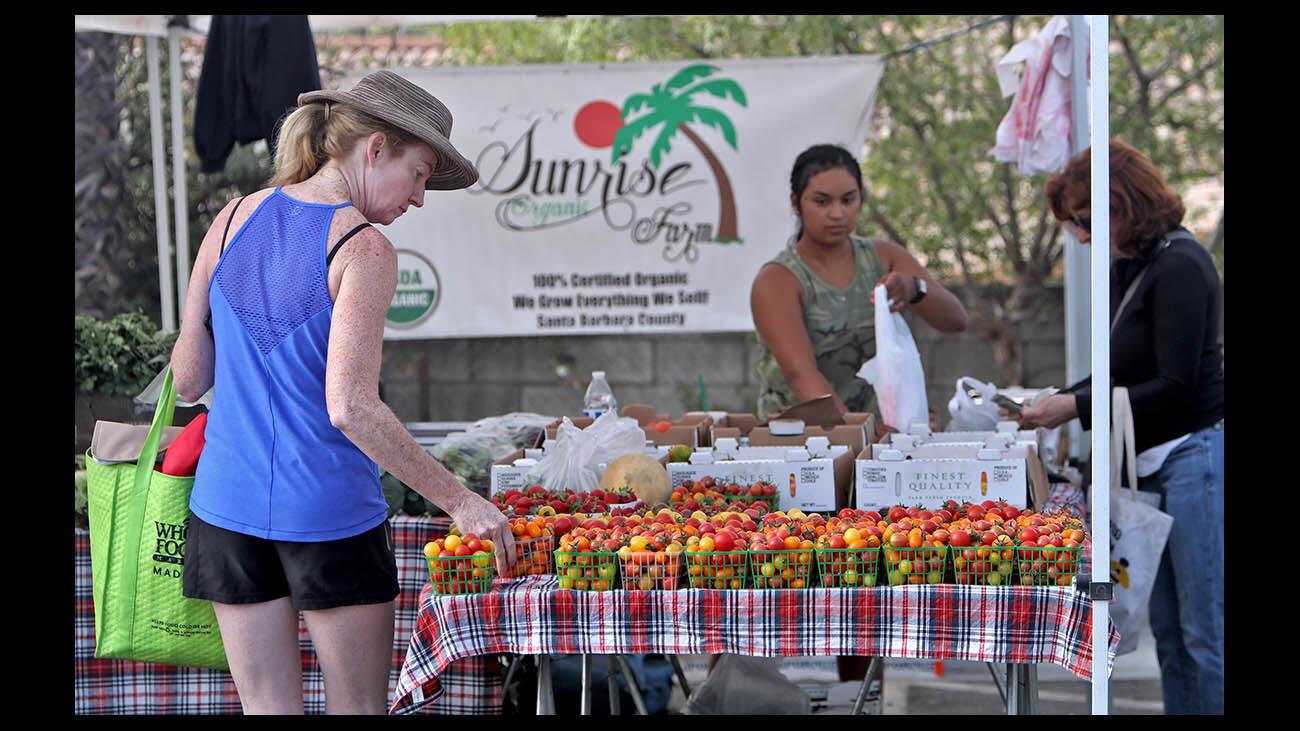 Liz McLaughlin of La Canada Flintridge, shops for organic fruits and vegetables from Sunrise Farms at the weekly La Canada Flintridge Farmers Market, across from Memorial Park in La Canada Flintridge on Saturday, Aug. 25, 2018. A wide variety of organic items like fruits, vegetables, meats, chicken and eggs can be found along with gourmet cheese, honey, bread, nuts, flowers and juices. The market opens every Saturday 9:00 a.m. to 1:00 p.m. at 1300 Foothill Blvd.