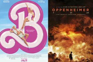 This combination of images shows promotional art for "Barbie," left, and "Oppenheimer." (Warner Bros Pictures/Universal Pictures via AP)