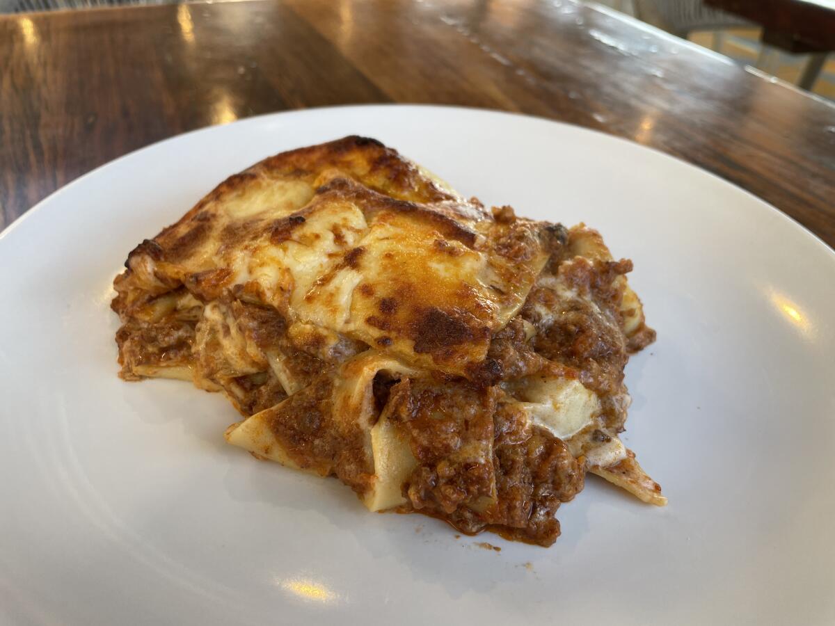 Meat lasagna on a plate.