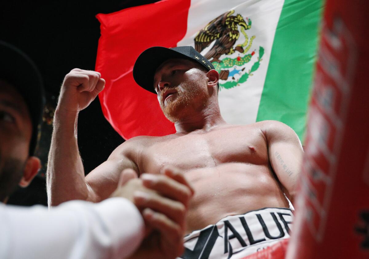 Canelo Alvarez celebrates after defeating Daniel Jacobs in a middleweight title boxing match on May 4 in Las Vegas.