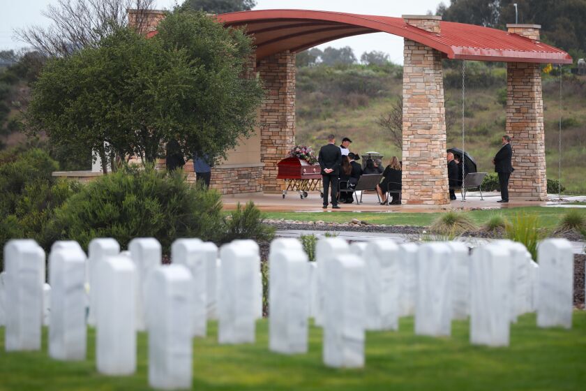 About 10 people, the maximum recommend size of a gathering in the age of the coronavirus, attended a funeral at Miramar National Cemetery, March 18, 2020 in San Diego, California.