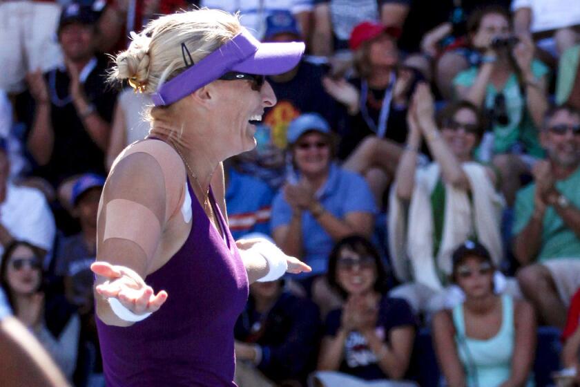 Mirjana Lucic-Baroni celebrates after defeating Simona Halep in the third round of the U.S. Open on Friday.