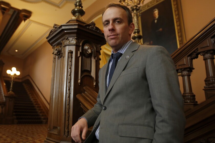 In this photo taken Monday, Feb. 10, 2020, Assemblyman Marc Levine, D-San Rafael poses at the Capitol in Sacramento, Calif. Levine is lobbying legislators to put a new measure on the November ballot asking voters, for the third time in eight years, to end capital punishment. More than 700 condemned inmates on the nation's largest death row will soon have a chance to voluntary transfer from San Quentin to other high security prisons under a program required by the passage of a 2016 ballot initiative. (AP Photo/Rich Pedroncelli)