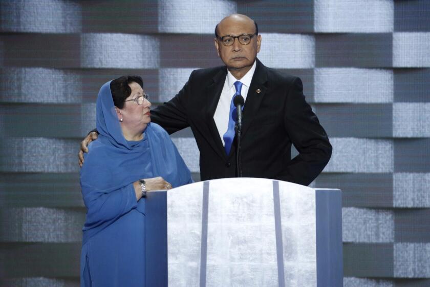 Khizr Khan (right), a Muslim father of a fallen soldier, said in an emotional speech at the Democratic National Convention that Donald Trump has "sacrificed nothing" for the country.