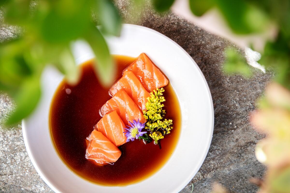 Sliced salmon and a few flowers arranged in soy sauce on a plate framed by plant fronds