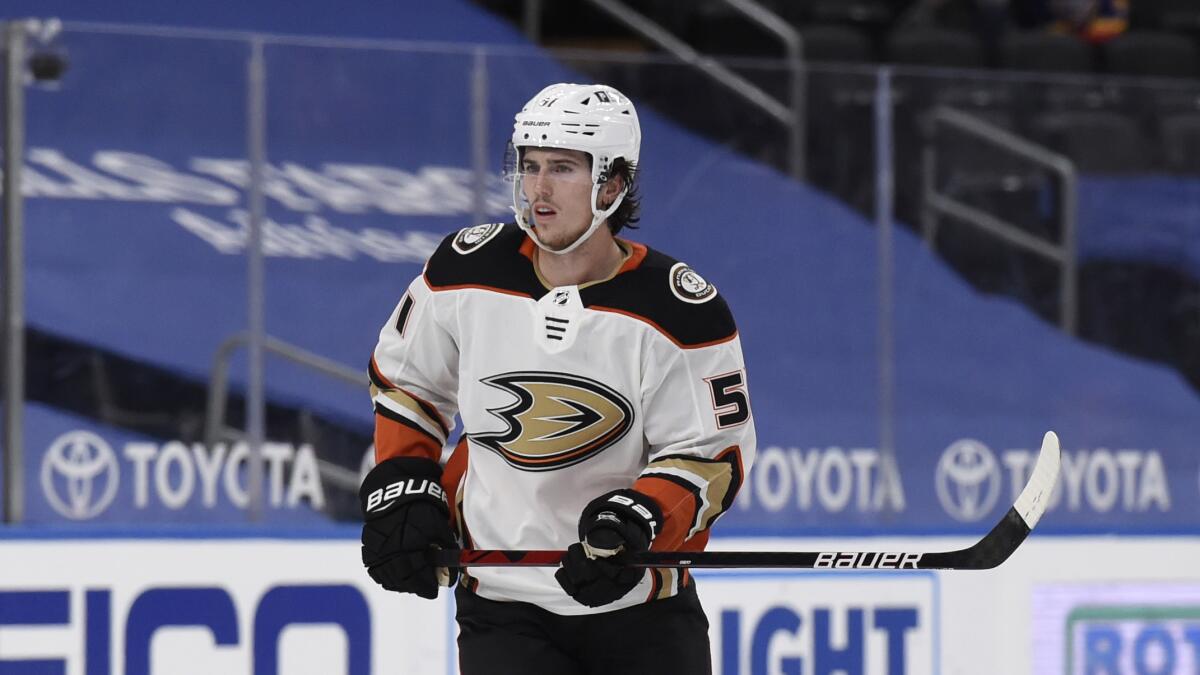 Ducks' Haydn Fleury in action against the St. Louis Blues during the first period on May 5 in St. Louis.