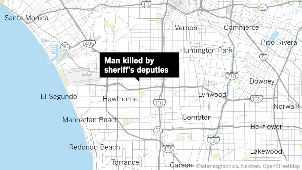 Map with a label that reads, "Man killed by sheriff's deputies," pointing to a spot just east of Inglewood