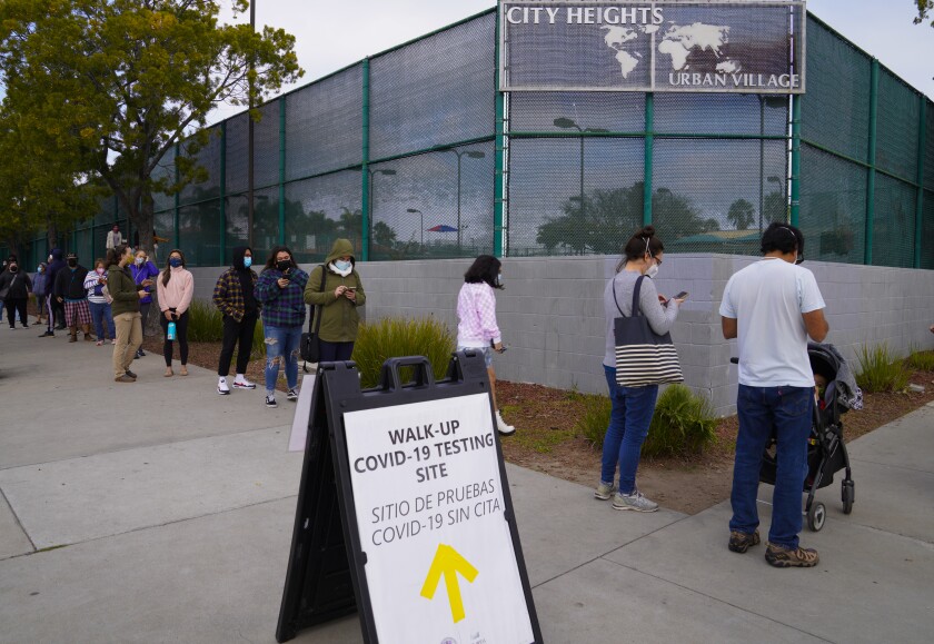 The line for the COVID test site at the City Heights Recreation Center last January.