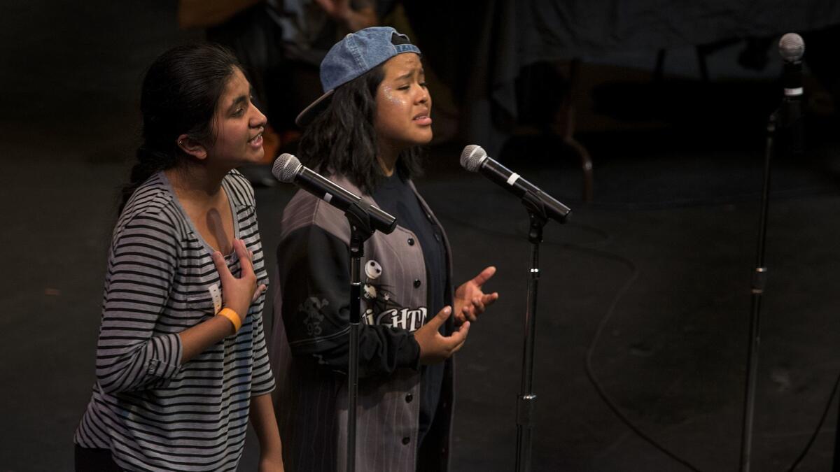 Vanessa Tahay, right, onstage at the Los Angeles Theater Center with Amandeep Kaur.