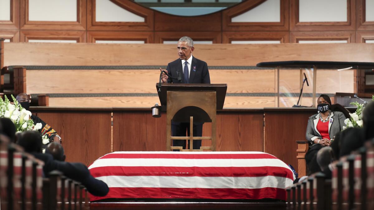Former President Barack Obama at the funeral for Rep. John Lewis of Georgia at Ebenezer Baptist Church in Atlanta.