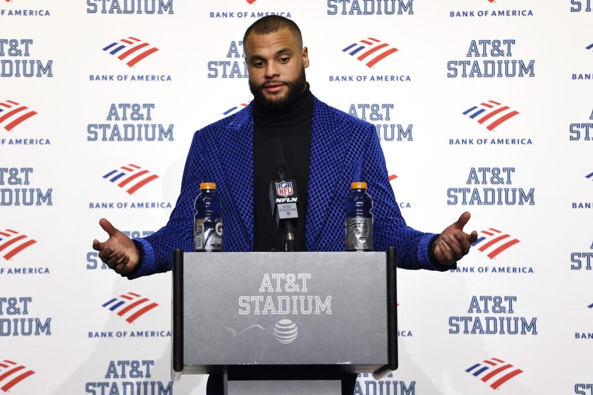 Dallas Cowboys quarterback Dak Prescott speaks during a news conference following an NFL wild-card playoff football game against the San Francisco 49ers in Arlington, Texas, Sunday, Jan. 16, 2022. (AP Photo/Ron Jenkins)