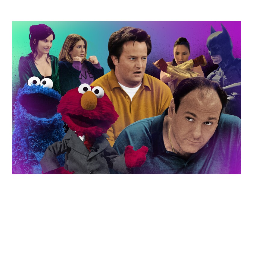 Illustration for HBO Max with a montage of characters from "Friends," "The Sopranos," "The Dark Knight" and more.