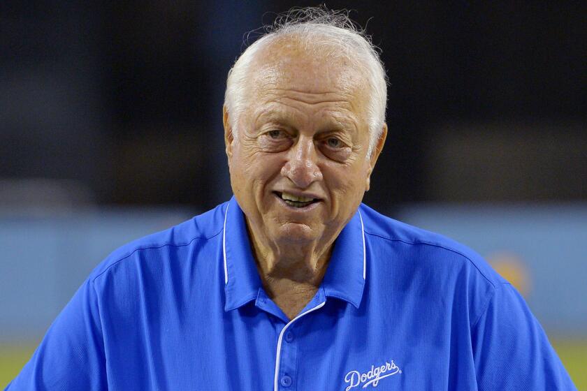 FILE - In this Sept. 22, 2015, file photo, former Los Angeles Dodgers manager Tommy Lasorda.