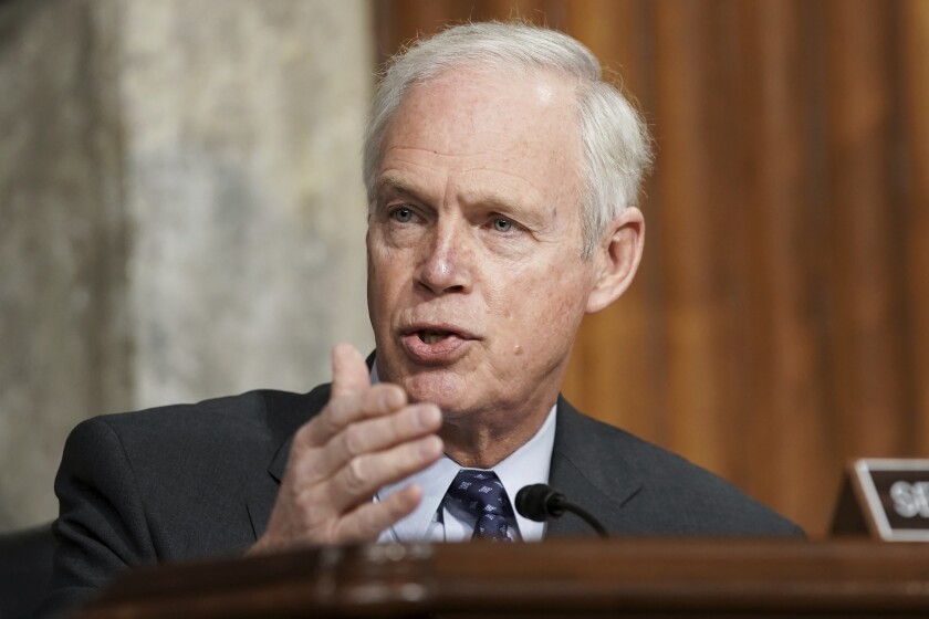 FILE - Sen. Ron Johnson, R-Wis., speaks at the U.S. Capitol in Washington, on March 3, 2021. Johnson, one of former President Donald Trump’s most vocal supporters, has decided to seek reelection to a third term, two Republicans with knowledge of the plan told The Associated Press on Friday, Jan. 7, 2022. (Greg Nash/The Hill via AP, Pool, File)