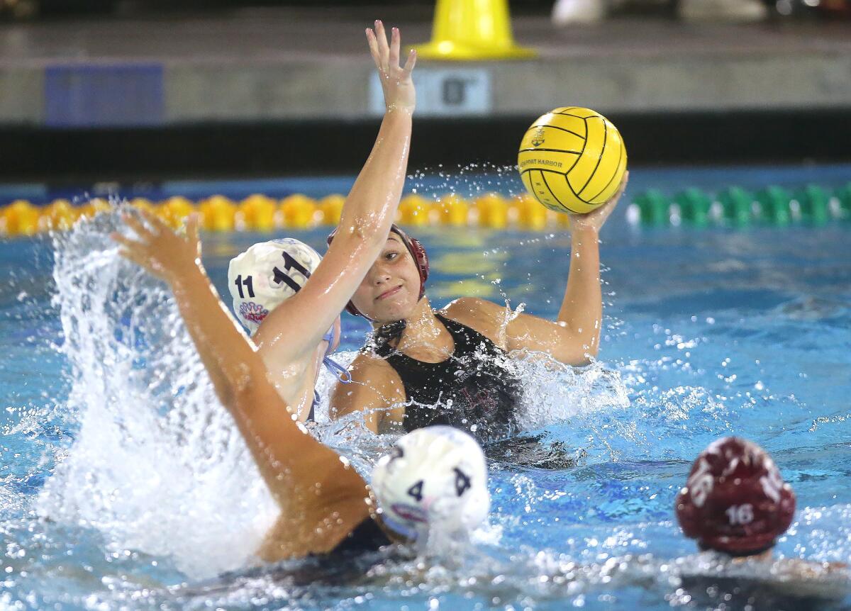 Laguna Beach's Emma Lineback, pictured taking a shot in a Jan. 29 match against Corona del Mar, led the Breakers to a 22-9 win over King on Monday.