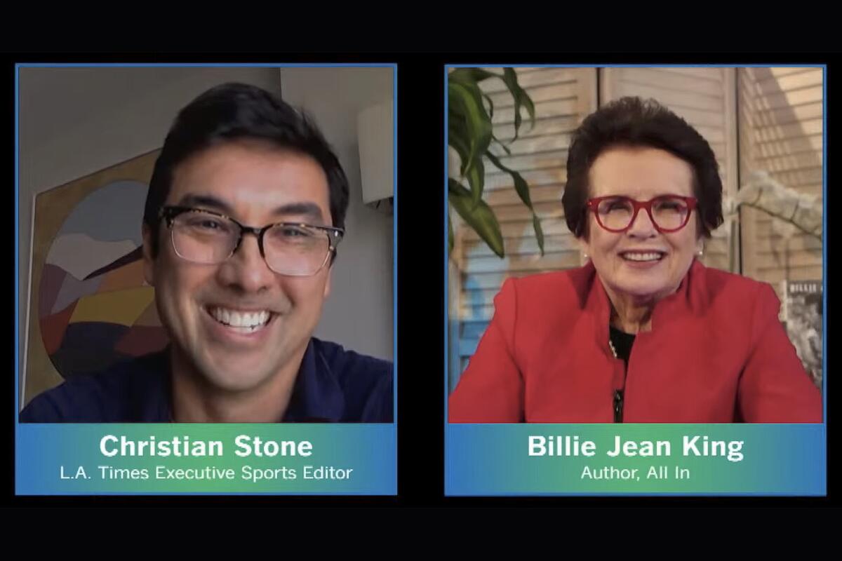 Billie Jean King and Times Executive Sports Editor Christian Stone.